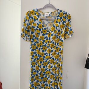 Yellow and Blue Wrap Midi Dress with Flutter Sleeves